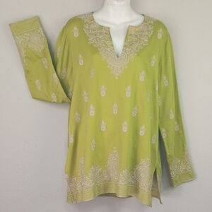 Sigrid Olsen Cotton Light Green Embroidered Women Tunic Long Sleeve Top sz L